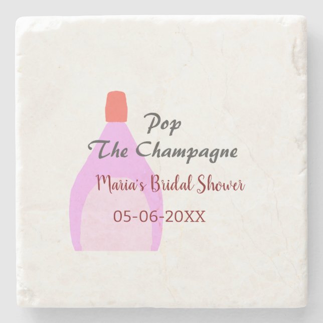 Pop des Champagner-Rosa Brautparty Name Datum hinz Steinuntersetzer (Vorderseite)