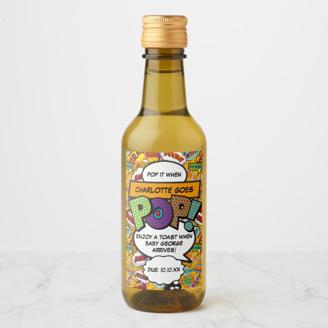 Pop es, wenn sie POP geht! Fun Comic Babydusche Weinetikett (Vorderseite)