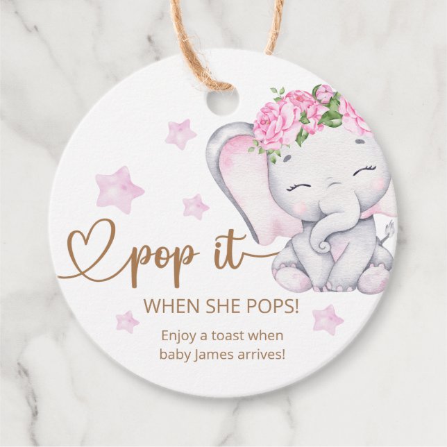 Pop es, wenn sie Pop pink Elephant Baby Dusche. Geschenkanhänger (Vorderseite)