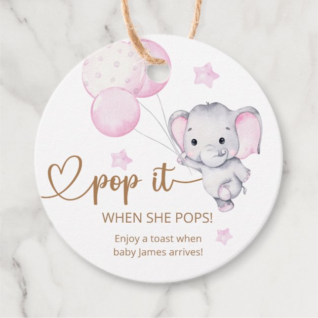 Pop es, wenn sie Pop pink Elephant Baby Dusche. Geschenkanhänger (Vorderseite)