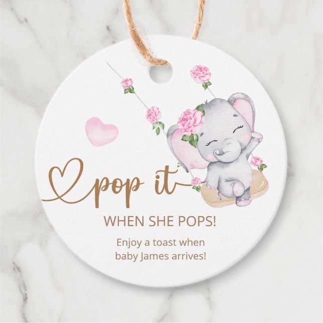Pop es, wenn sie Pop pink Elephant Baby Dusche. Geschenkanhänger (Vorderseite)