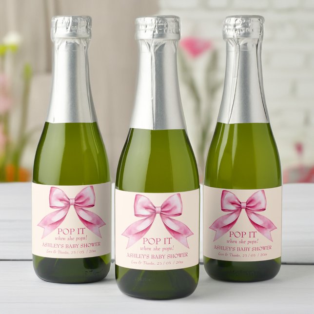 Pop es, wenn sie Pop rosa Bugband Babydusche (Pop it when she pops pink bow ribbon baby shower  favors sparkling wine label mini champagne labels)