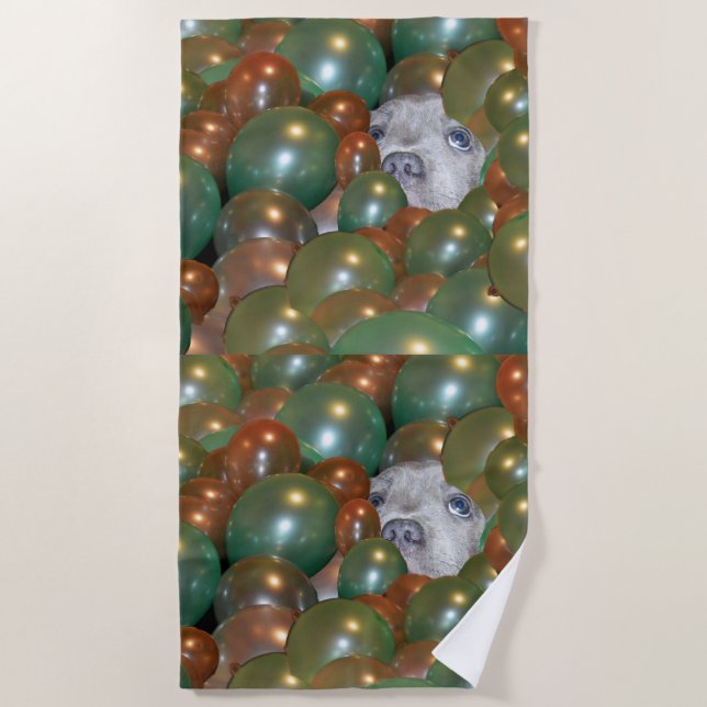 Pop Fest: ein lustiger, freudvoller Welpe in den B Strandtuch (Vorderseite)