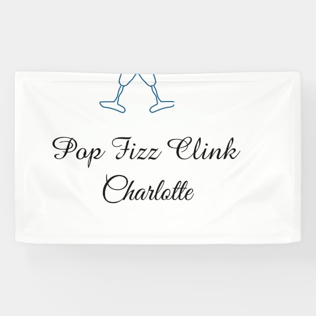 Pop fizz clink blue champagne bottle new year banner (Horizontal)