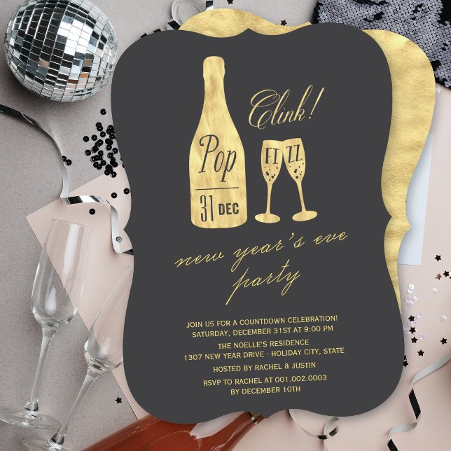 Pop Fizz Clink Champagne Chic Silvesterabend Party Einladung (Von Creator hochgeladen)