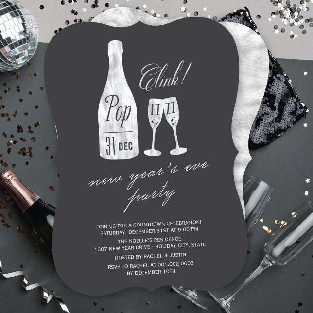 Pop Fizz Clink Champagne Chic Silvesterabend Party Einladung (Von Creator hochgeladen)