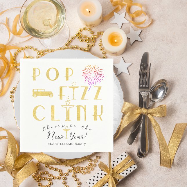 Pop Fizz Clink Gold Modern Typograpy New Years Eve Serviette (Pop Fizz Clink Gold Modern Typography New Year's Eve Gatsby Theme Old Money Party Napkins)