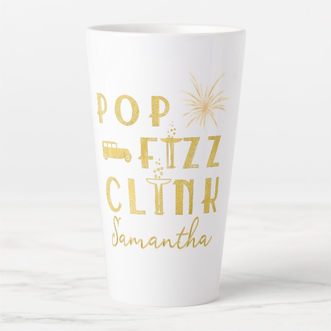 Pop Fizz Clink Gold Typograpy Modern New Years Eve Milchtasse (Vorderseite)