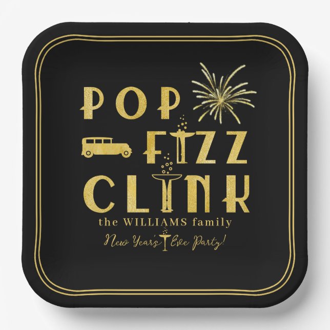 Pop Fizz Clink Gold Typograpy Modern New Years Eve Pappteller (Vorderseite)