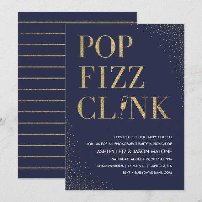 Pop Fizz Clink Hochzeit Verlobung Einladung (Vorne/Hinten)
