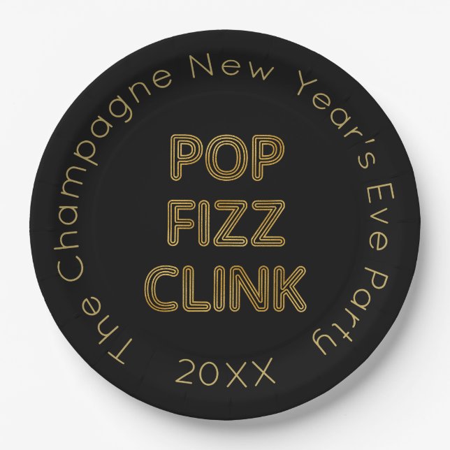 Pop Fizz Clink Moderne Typografie Neujahr Pappteller (Vorderseite)