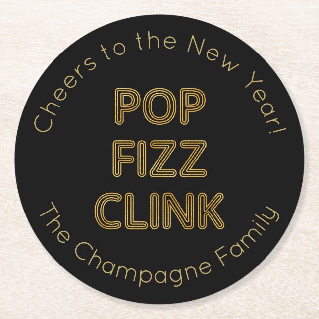 Pop Fizz Clink Moderne Typografie Neujahr Runder Pappuntersetzer (Vorderseite)