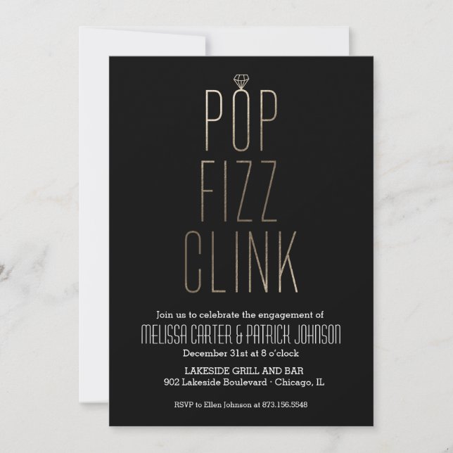 Pop Fizz Clink Neue Jahr Engagement Partei Imitate Einladung (Vorderseite)