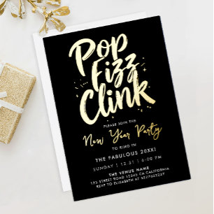 Pop Fizz Clink Stilvolle schwarze Neujahrsparty-Sc Folieneinladung