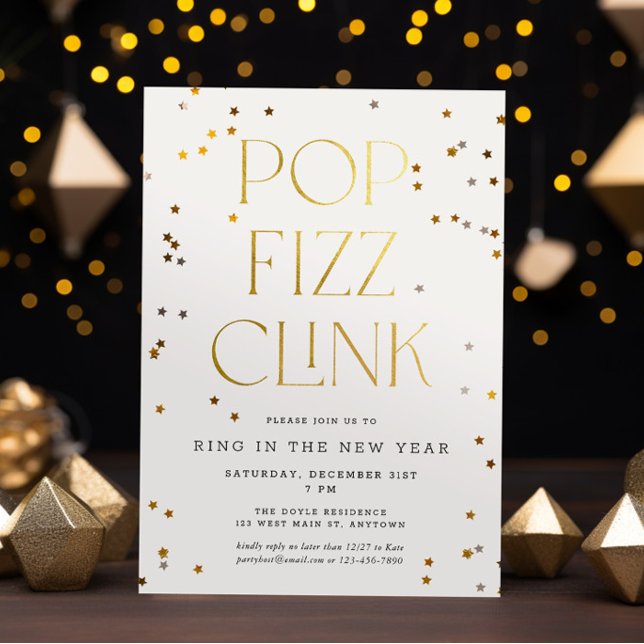 Pop Fizz Clink White Gold Confetti Neujahr Einladung (Von Creator hochgeladen)