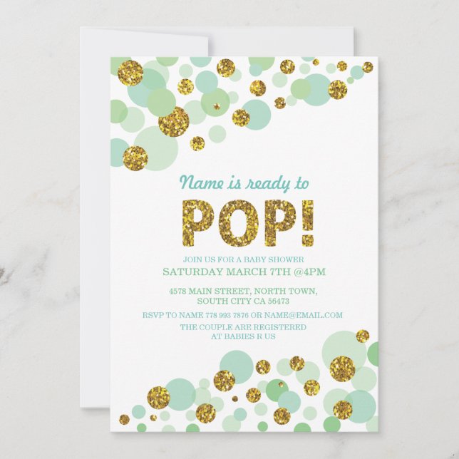 Pop Gender Reveal Baby Shower Mint Gold Einladung (Vorderseite)