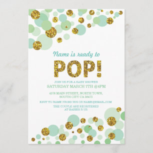 Pop Gender Reveal Baby Shower Mint Gold Einladung