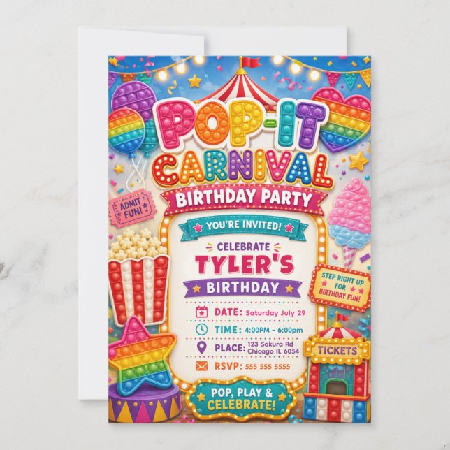 Pop-It-Karneval-Geburtstagsfeier Einladung (Vorderseite)