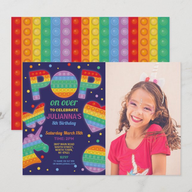 Pop it Party Fidget Birthday Navy Foto Einladung (Vorne/Hinten)