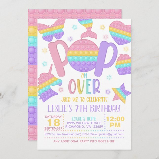 Pop It Pop on over Party Einladung - Pastell (Vorne/Hinten)