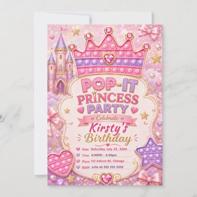 Pop-It Prinzessin Geburtstagsfeier Einladung (Vorderseite)