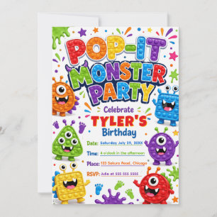 Pop It Süße Monster Geburtstagsfeier Einladung