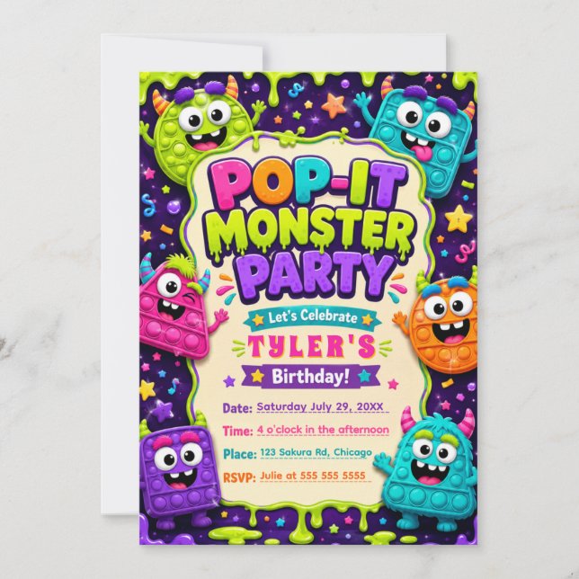 Pop It Süße Monster Geburtstagsfeier Einladung (Vorderseite)