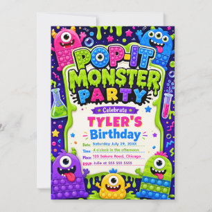 Pop It Süße Monster Geburtstagsfeier Einladung