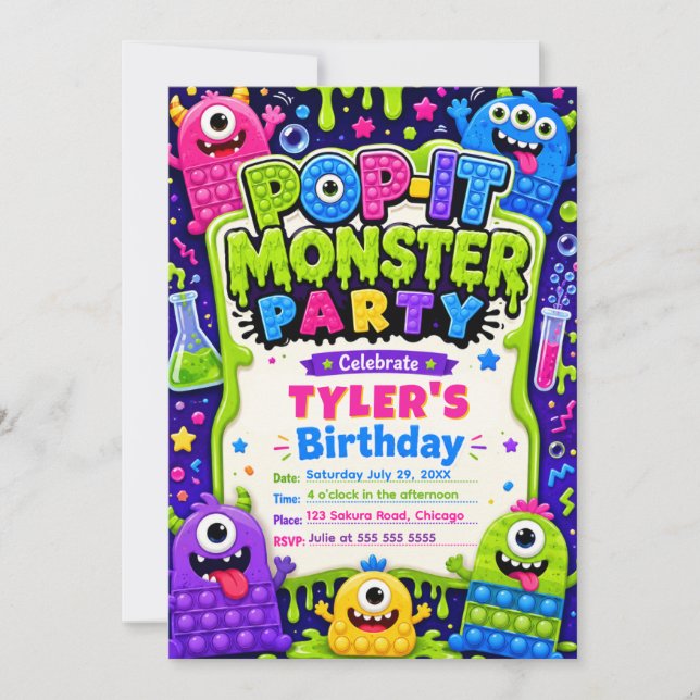 Pop It Süße Monster Geburtstagsfeier Einladung (Vorderseite)