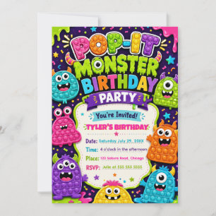 Pop It Süße Monster Geburtstagsfeier Einladung
