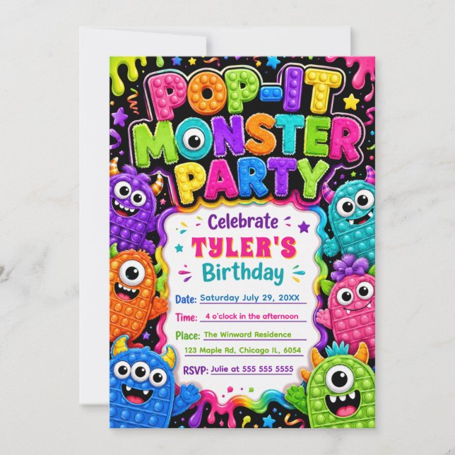Pop It Süßes Monster Geburtstagsfeier Einladung (Vorderseite)