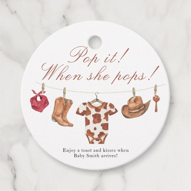 Pop it when she pops! - Cowboy Baby shower Geschenkanhänger (Vorderseite)