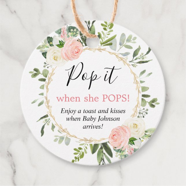 Pop it when she pops pink gold greenery baby geschenkanhänger (Vorderseite)