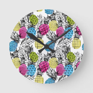 Pop-Kunst-Ananas und Palmblätter Runde Wanduhr