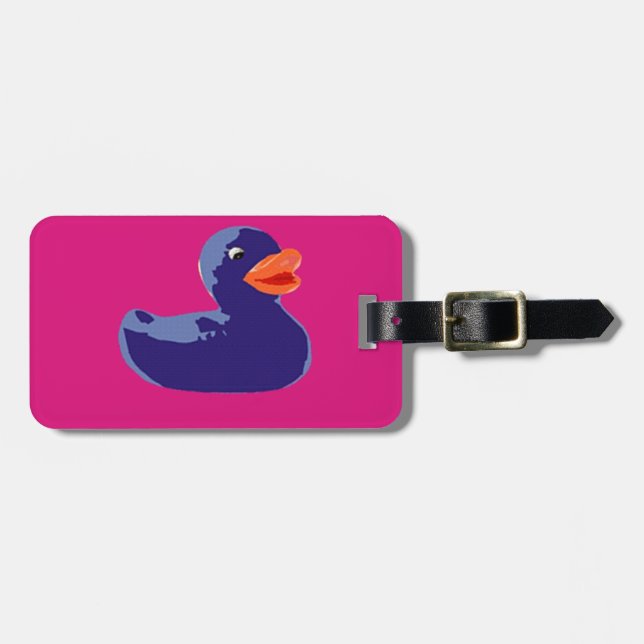 Pop-Kunst-Ducky blaue rosa Gummiente Gepäckanhänger (Vorderseite horizontal)