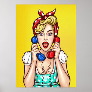 Pop-Kunst-Frau auf dem Plakat mit zwei Telefonen