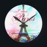 Pop-Kunst-Vintager Eiffel-Turm Runde Wanduhr<br><div class="desc">Ooh La-La! Vintages Eiffel-Standmodell,  das vibrierende Popkunstfarben kennzeichnet. Text sagt J'AIME PARIS. Vervollkommnen Sie für jedermann,  das Lieben Paris!</div>