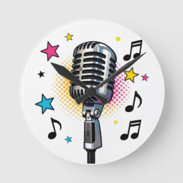 Pop microphone with colorful stars and music notes runde wanduhr
