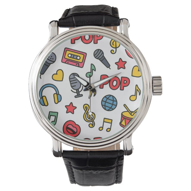 Pop-Musik-Doodle-Symbole nahtloses Muster	 Armbanduhr (Vorderseite)