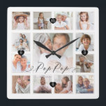 Pop Pop Skriptfamilie Memory Foto Grid Collage Quadratische Wanduhr<br><div class="desc">Ein wunderschönes personalisiertes Geschenk für Ihren Pop Pop, das er für die nächsten Jahre schätzen wird. Mit einem modernen, dreizehn Foto Gitter-Collage-Layout können 13 eigene Erinnerungen für Fotos Ihrer eigenen Familie angezeigt werden. "Pop Pop" entworfen in einem schönen handgeschriebenen schwarzen Skriptstil. Jedes Foto ist mit einem einfachen goldfarbenen Rahmen gerahmt....</div>