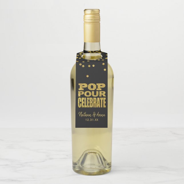 Pop Pour Celebrate | Imitats Gold Glitzer Flaschenanhänger (Auf Flasche)