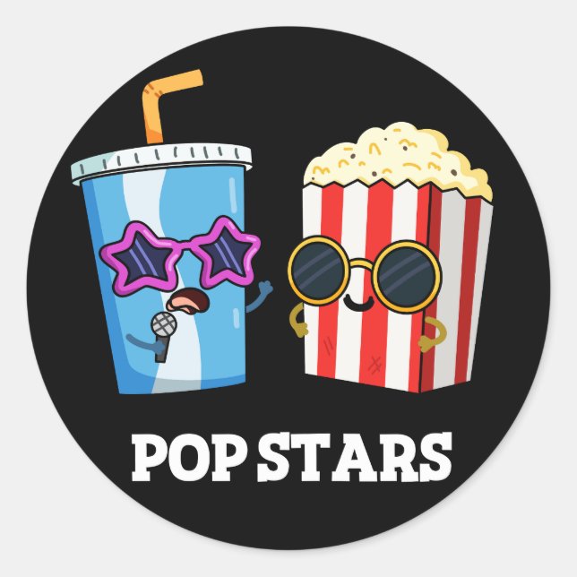 Pop Stars Funny Soda Pop Popcorn Pun Dark BG Runder Aufkleber (Vorderseite)