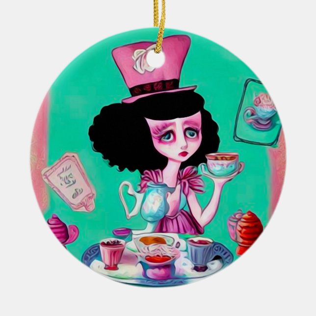 Pop Surrealismus Mad Hatter Girl Keramik Ornament (Vorne)