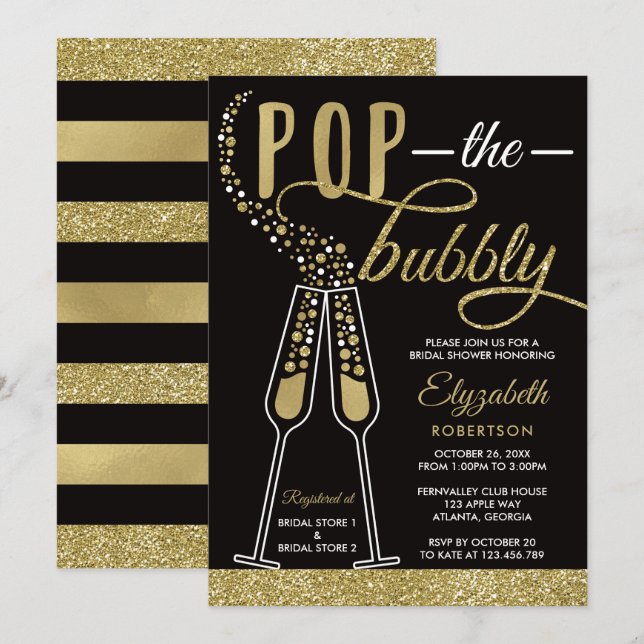 Pop The Bubbly Brautparty Einladung, Imitate Gold Einladung (Vorne/Hinten)