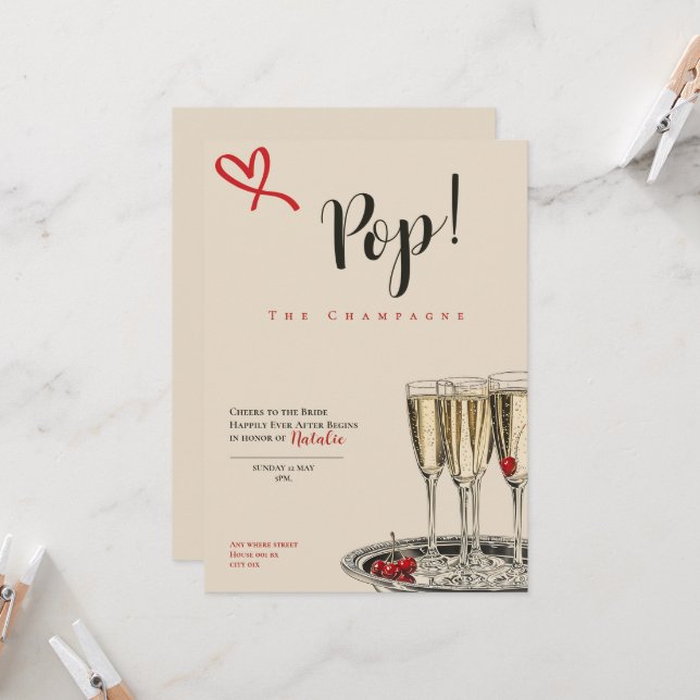 Pop! The Champagne romantic Bridal Shower card Karte (Vorderseite/Rückseite Beispiel)