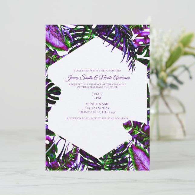 Pop Tropical Palm Blätter Hochzeiten Einladung (Stehend Vorderseite)