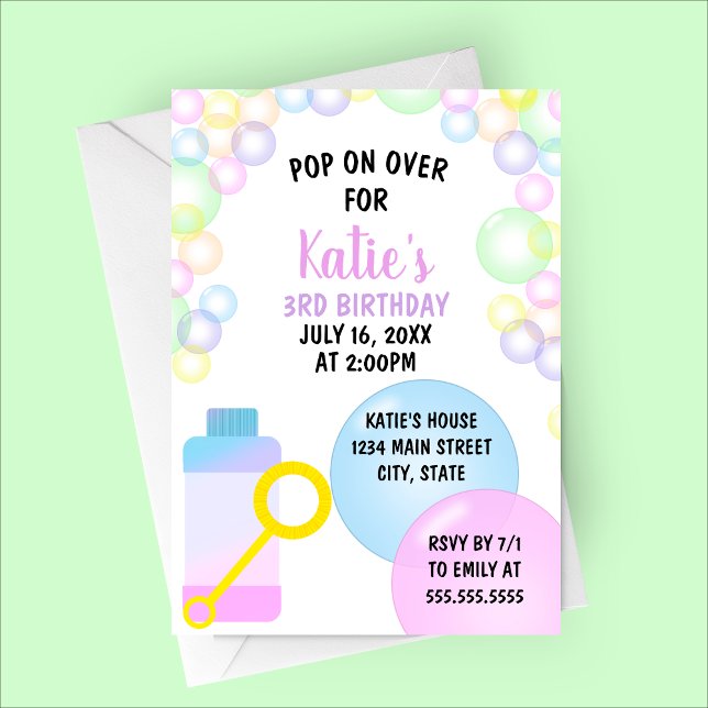 Pop über Kindergeburtstag Party Einladung (Pop on Over | Bubbles Birthday Party Invitation | Spring or Summer Birthday)