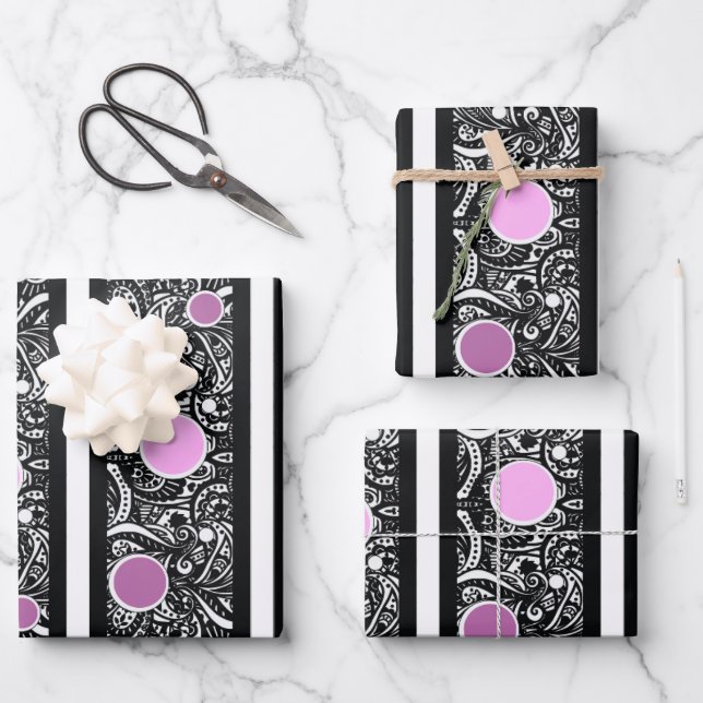 Pop von Pink auf Black Paisley Geschenkpapier Set (Vorderseite)