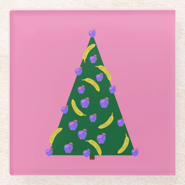 Pop Weihnachtsbaum mit Äpfeln & Bananen Rosa Glasuntersetzer (Vorderseite)