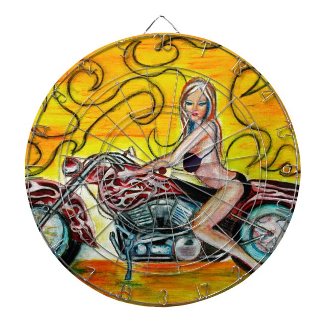 Popart Mädchen auf einem Motorrad Dartscheibe (vorne)